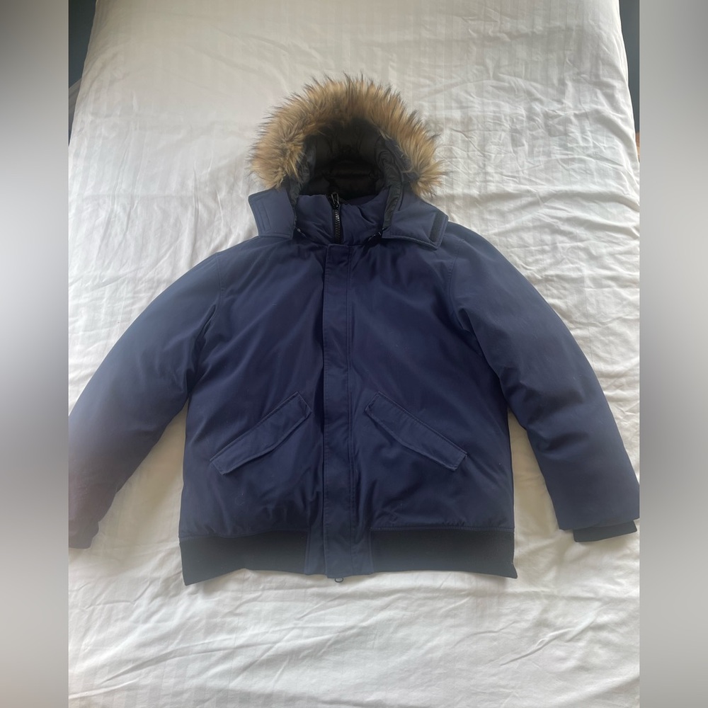 MEC Men's Navy Blue Hooded Puffer Jacket with Fur-Trim Hood
